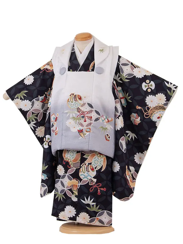 七五三レンタル （3歳男児被布）3A57 黒×アイボリー 七宝柄 菊 小槌