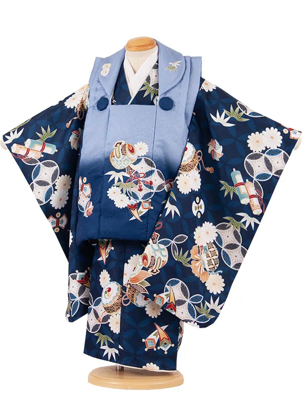 七五三レンタル （3歳男児被布）3A58 紺×薄青 七宝柄 菊 小槌