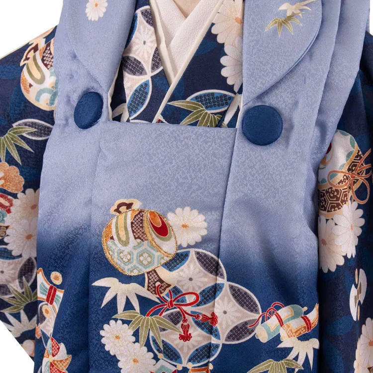 七五三レンタル （3歳男児被布）3A58 紺×薄青 七宝柄 菊 小槌