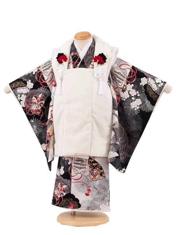 七五三レンタル （3歳男児被布）3A59 華徒然 オフホワイト×黒 古典柄