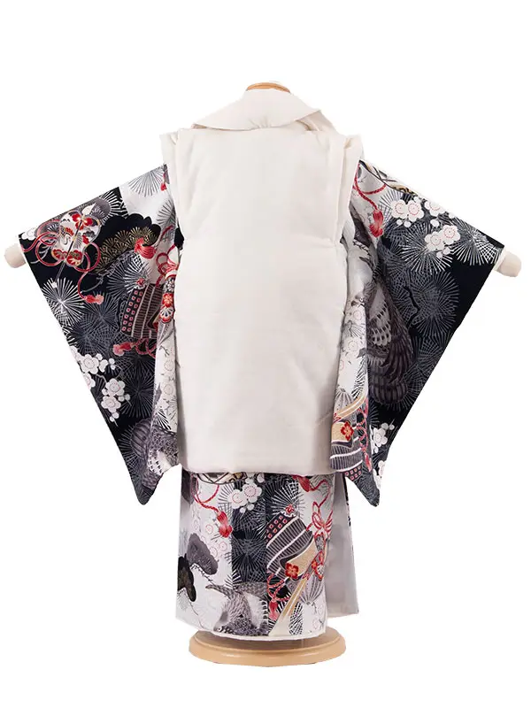 七五三レンタル （3歳男児被布）3A59 華徒然 オフホワイト×黒 古典柄