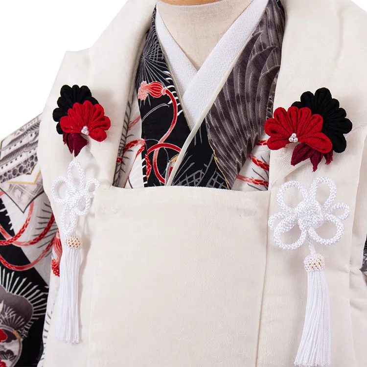 七五三レンタル （3歳男児被布）3A59 華徒然 オフホワイト×黒 古典柄