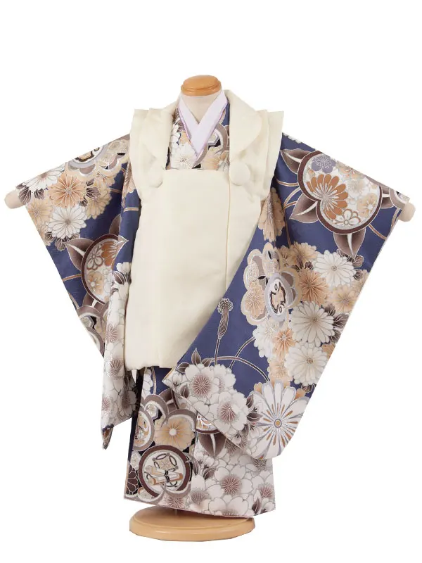 七五三レンタル （3歳男児被布）3A60 クリーム×群青色 橘桜