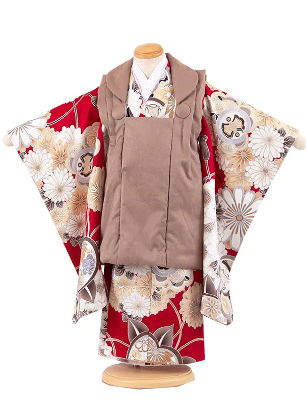 七五三レンタル （3歳男児被布）3A63 モカ×赤地 橘桜