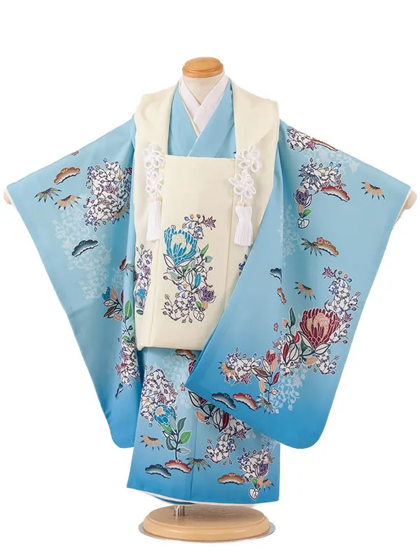 七五三レンタル （3歳男児被布）3A74 クリーム×空色 吉祥文様