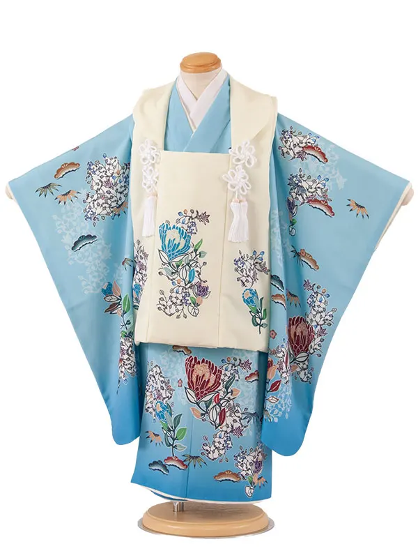 七五三レンタル （3歳男児被布）3A74 クリーム×空色 吉祥文様