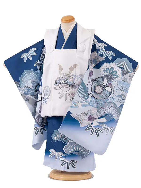 七五三レンタル （3歳男児被布）3A88 白×紺 兜 吉祥文様