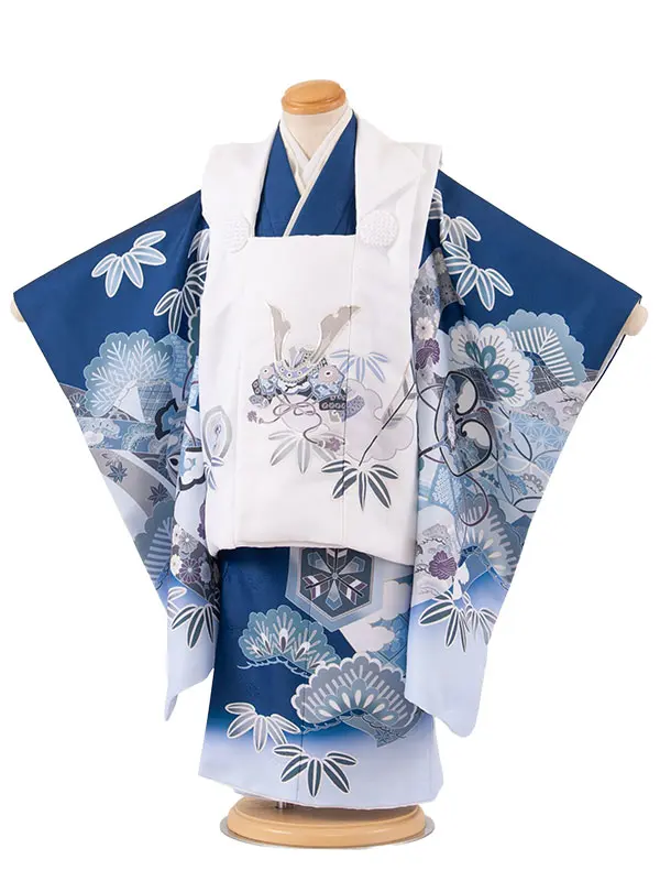 七五三レンタル （3歳男児被布）3A88 白×紺 兜 吉祥文様
