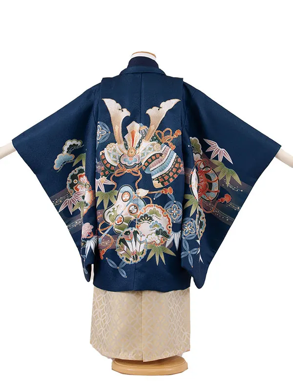 かんたん七五三 （5歳男袴）5809 紺地 兜に鼓 松 竹 軍配