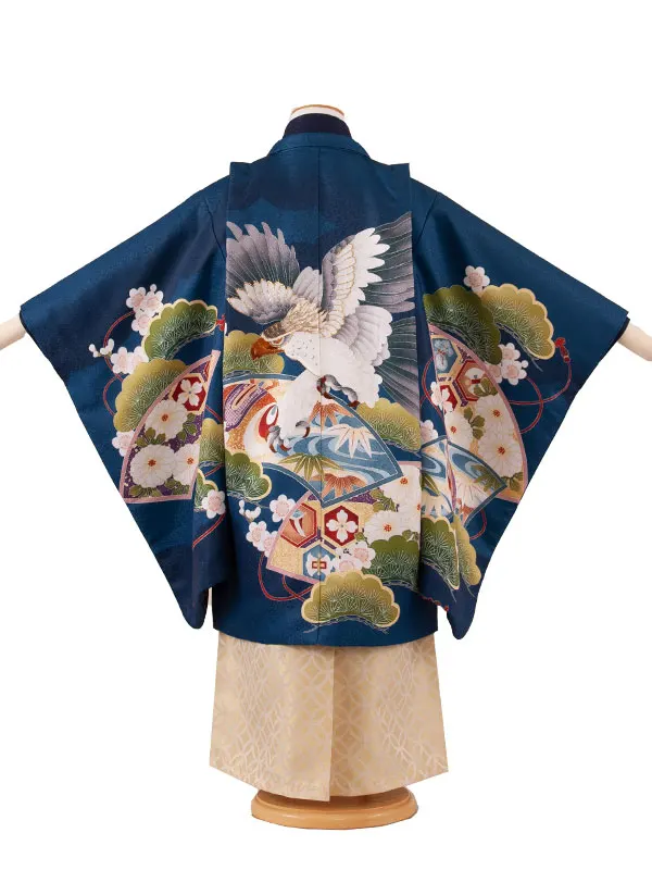 かんたん七五三 （5歳男袴）5816 紺地 鷹に扇面 松 梅