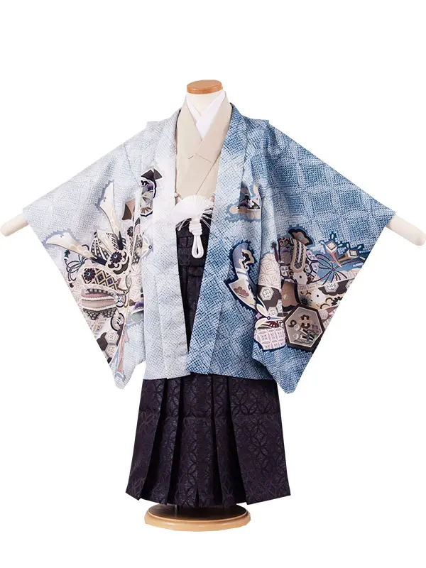 かんたん七五三 （5歳男袴）5826 薄グレー×紺 絞り調 束ね熨斗 龍 兜