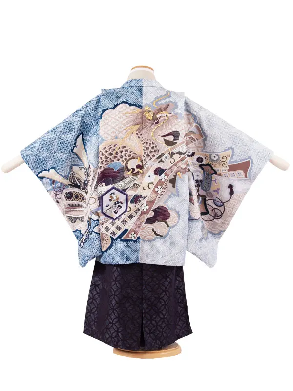 かんたん七五三 （5歳男袴）5826 薄グレー×紺 絞り調 束ね熨斗 龍 兜