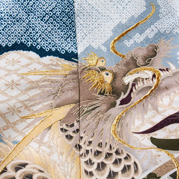 かんたん七五三 （5歳男袴）5826 薄グレー×紺 絞り調 束ね熨斗 龍 兜