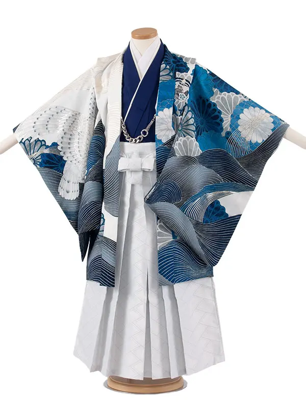 かんたん七五三 （5歳男袴）5838 JAPAN STYLE 白地 波に菊鷹