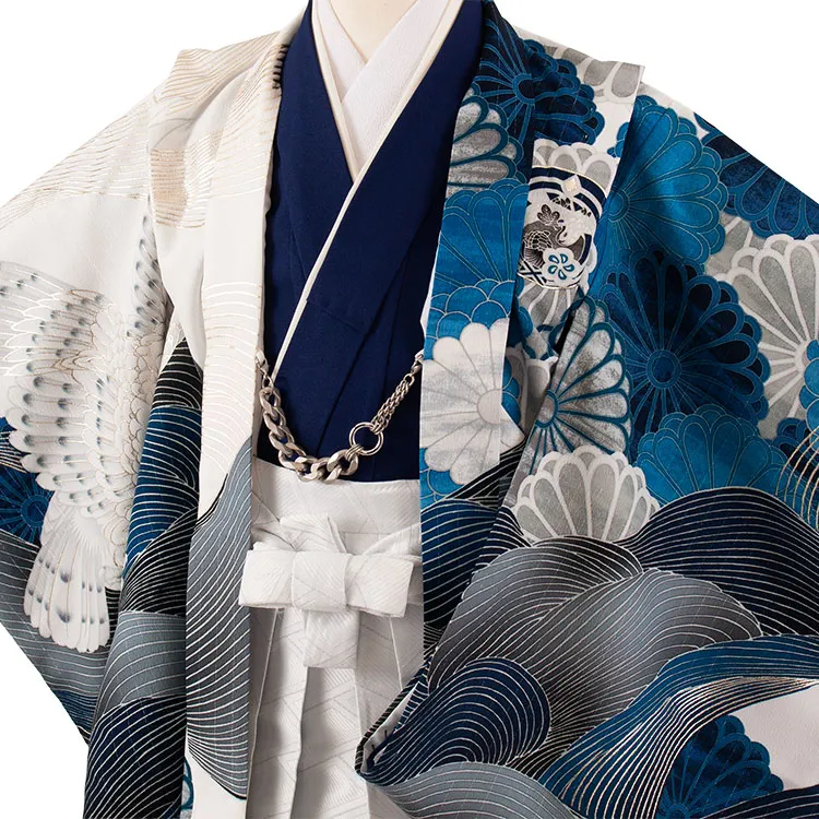 かんたん七五三 （5歳男袴）5838 JAPAN STYLE 白地 波に菊鷹