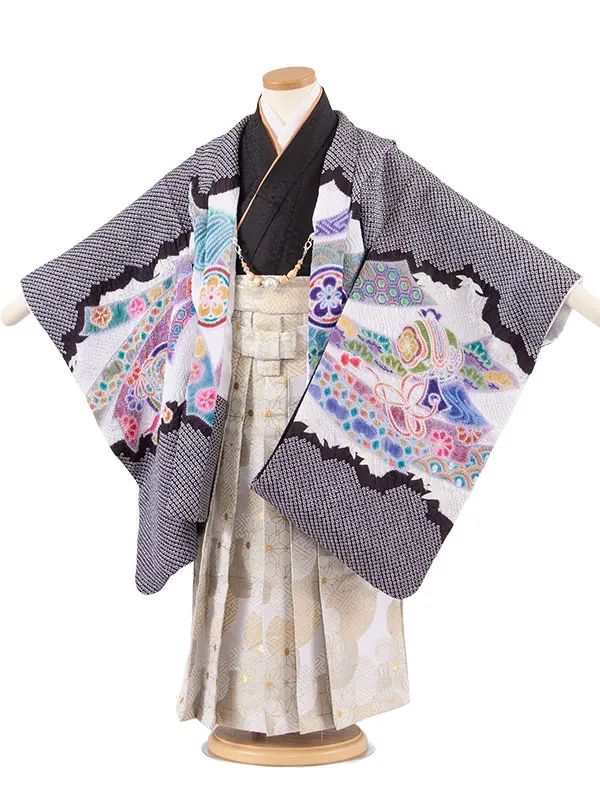 かんたん七五三 （5歳男袴）5898 黒地 絞り 鷹刺繍