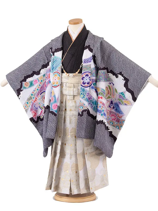 かんたん七五三 （5歳男袴）5898 黒地 絞り 鷹刺繍