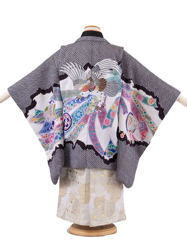 かんたん七五三 （5歳男袴）5898 黒地 絞り 鷹刺繍