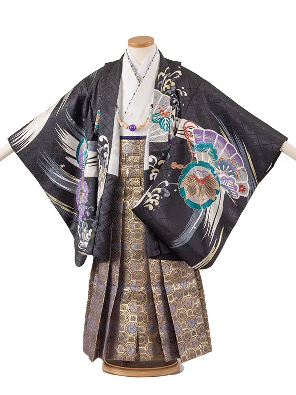 かんたん七五三 （5歳男袴）5906 黒地 鷹 吉祥文様