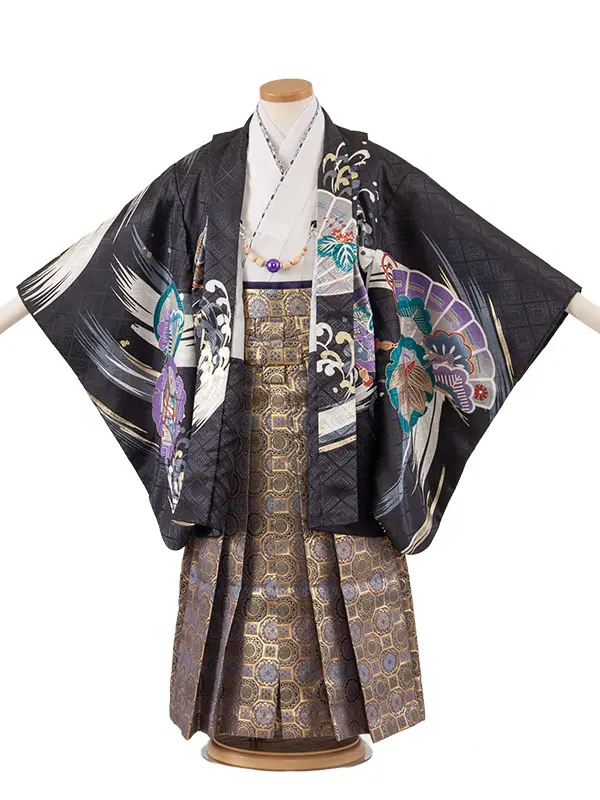 かんたん七五三 （5歳男袴）5906 黒地 鷹 吉祥文様