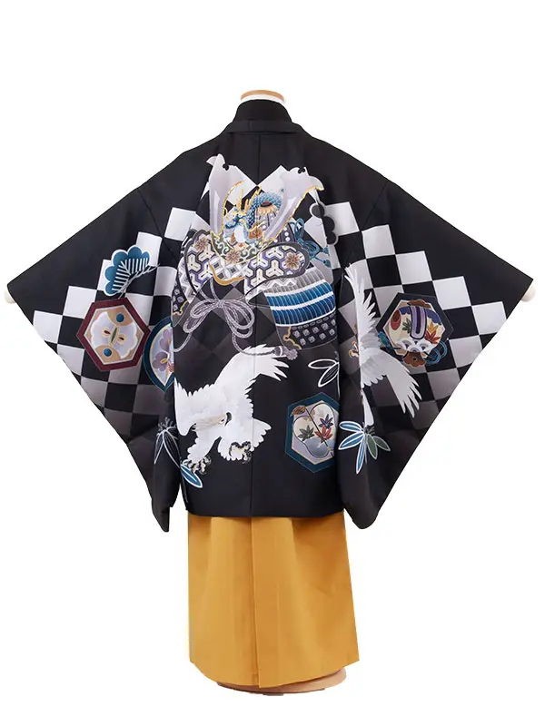 かんたん七五三 （7歳男袴）7143 黒地 鷹と兜