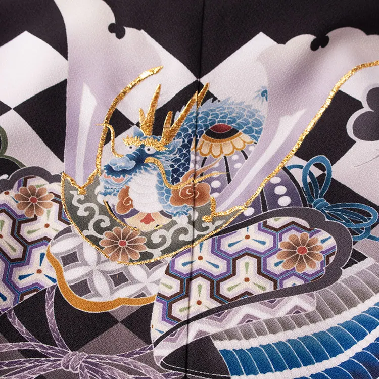 かんたん七五三 （7歳男袴）7143 黒地 鷹と兜