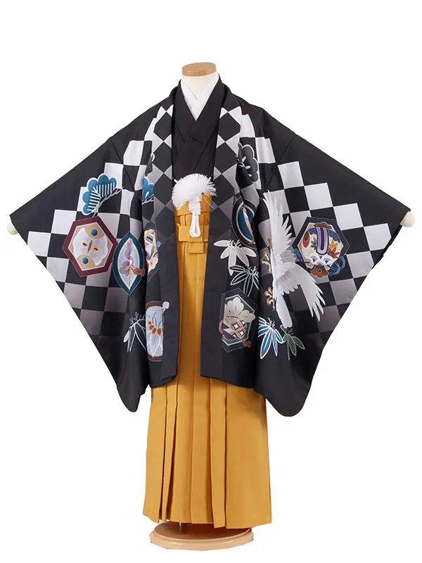 かんたん七五三 （7歳男袴）7143 黒地 鷹と兜