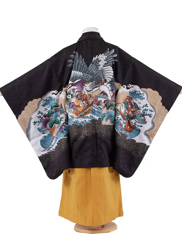 かんたん七五三 （7歳男袴）7150 黒地 鷹 吉祥文様