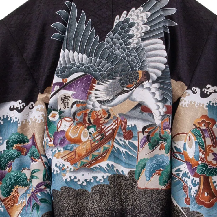 かんたん七五三 （7歳男袴）7150 黒地 鷹 吉祥文様