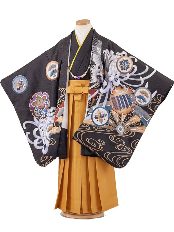 かんたん七五三 （7歳男袴）7171 黒地 鷹 吉祥文様