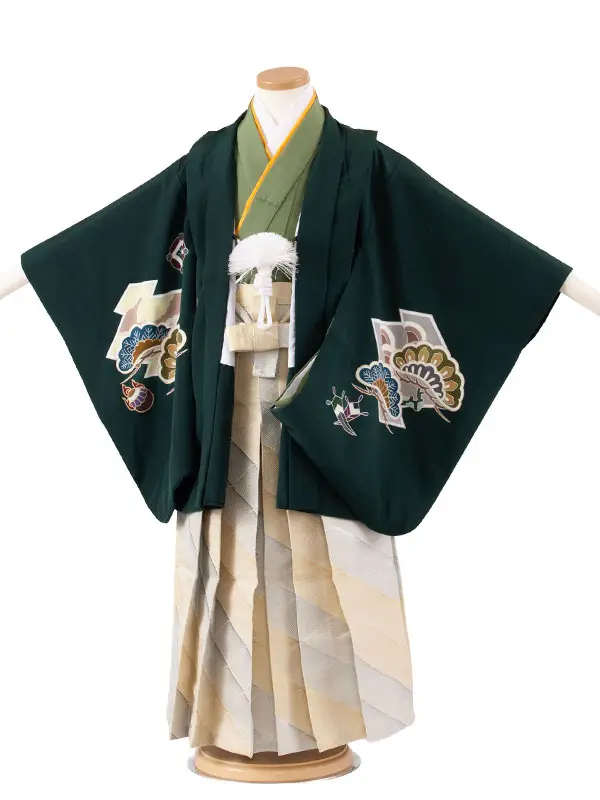 【正絹】かんたん七五三 （5歳,6歳男袴）8056 深緑 吉祥文様
