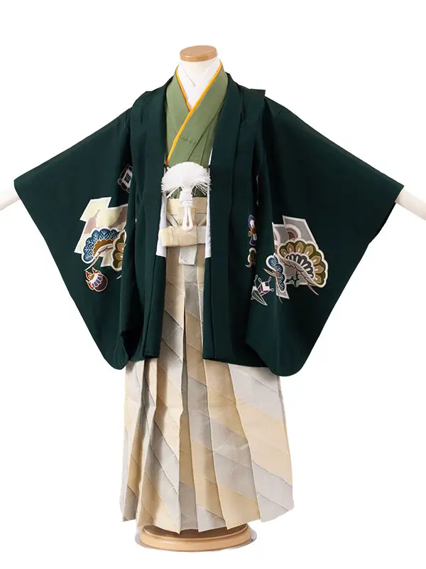 【正絹】かんたん七五三 （5歳,6歳男袴）8056 深緑 吉祥文様