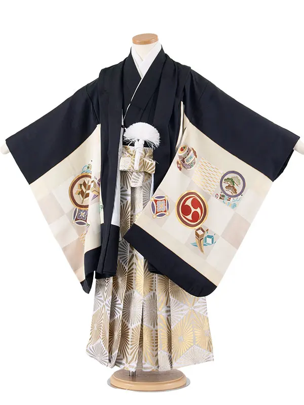 【正絹】かんたん七五三 （5歳,6歳男袴）8064 黒 吉祥文様