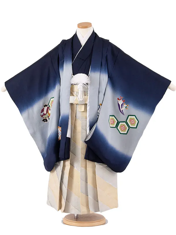 【正絹】かんたん七五三 （5歳,6歳男袴）8066 紺 兜 吉祥文様