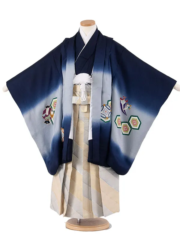 【正絹】かんたん七五三 （5歳,6歳男袴）8066 紺 兜 吉祥文様