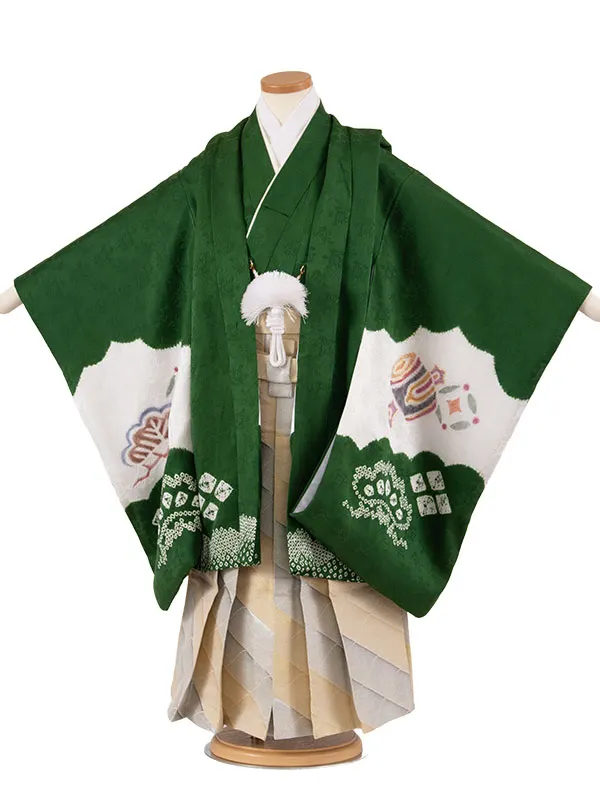 【正絹】かんたん七五三 （5歳,6歳男袴）8088 緑地 宝尽くし 鷹刺繍