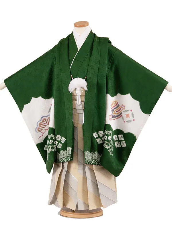 【正絹】かんたん七五三 （5歳,6歳男袴）8088 緑地 宝尽くし 鷹刺繍