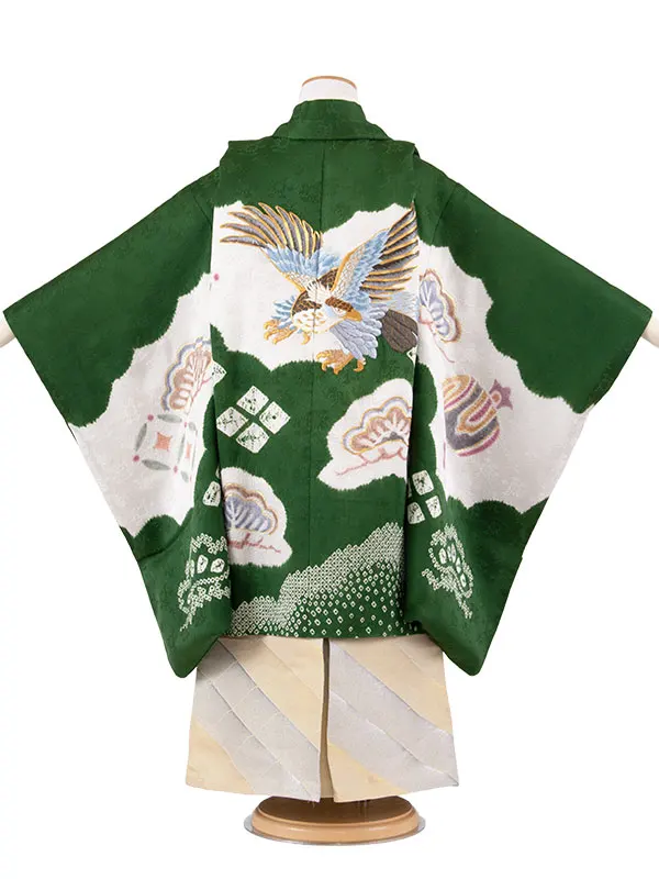 【正絹】かんたん七五三 （5歳,6歳男袴）8088 緑地 宝尽くし 鷹刺繍
