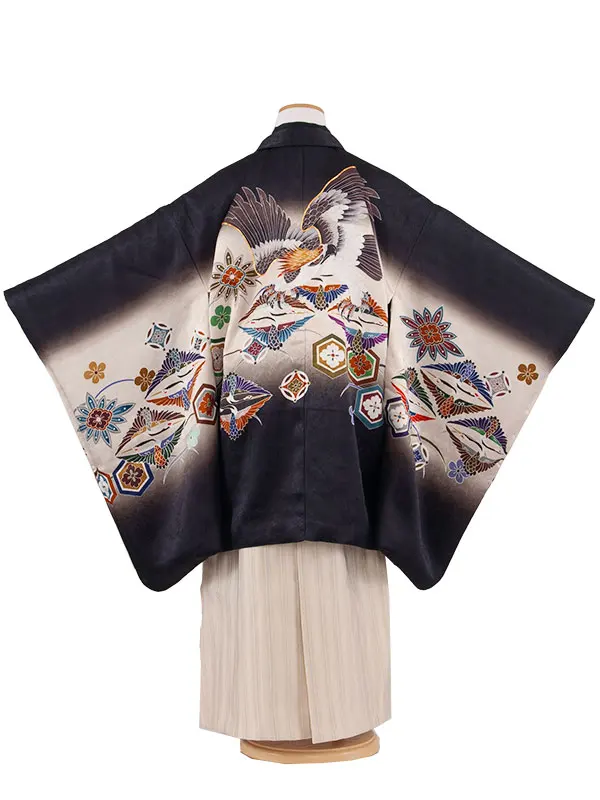 【正絹】かんたん七五三 （7歳,8歳男袴）9005 黒ぼかし 吉祥文様に鷹