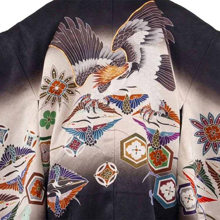 【正絹】かんたん七五三 （7歳,8歳男袴）9005 黒ぼかし 吉祥文様に鷹