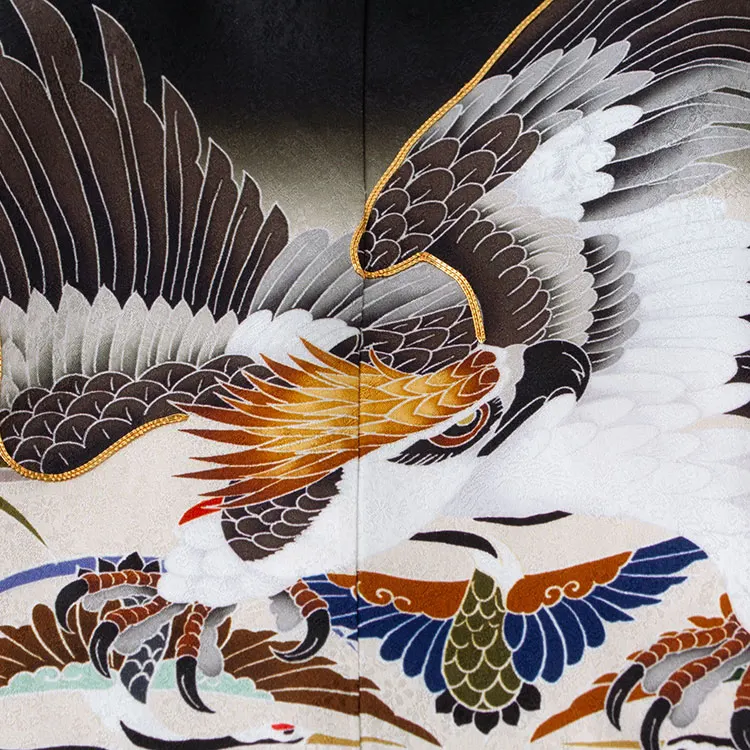 【正絹】かんたん七五三 （7歳,8歳男袴）9005 黒ぼかし 吉祥文様に鷹