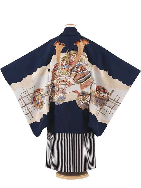 【正絹】かんたん七五三 （7歳,8歳男袴）9007 紺地 兜に龍