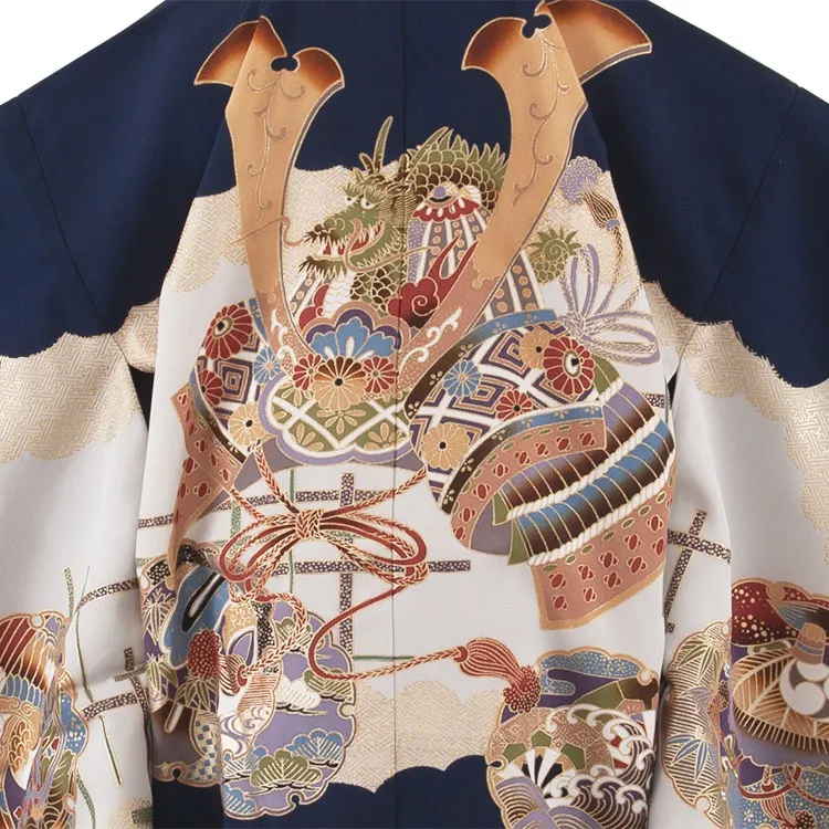 【正絹】かんたん七五三 （7歳,8歳男袴）9007 紺地 兜に龍