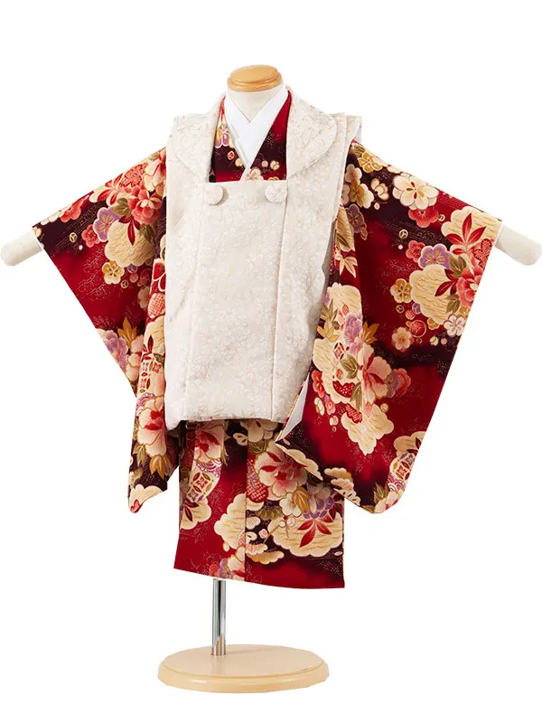 七五三レンタル （2歳女児被布）2210 ベージュ×赤地 古典柄