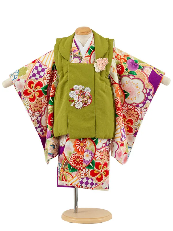 七五三レンタル （2歳女児被布）2217 モスグリーン×紫 ねじり梅