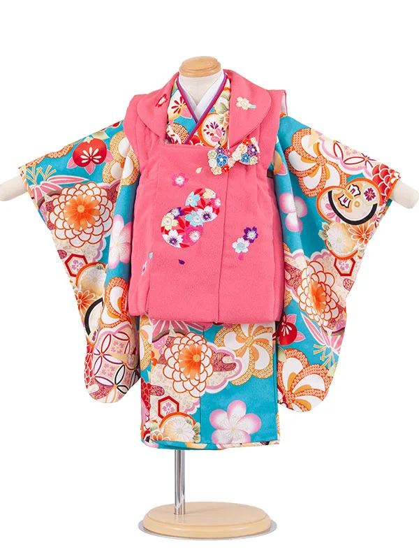 七五三レンタル （2歳女児被布）2232 ピンク×空色 ねじり梅
