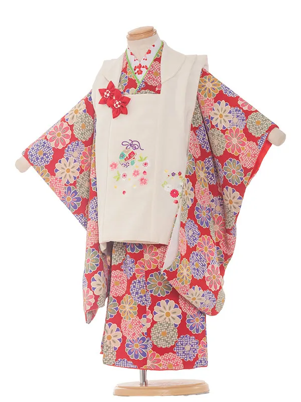 七五三レンタル（3歳女の子被布）3219 モダン古典×丸菊柄赤
