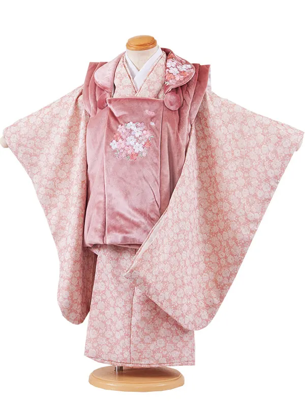 七五三レンタル （3歳女児被布）3607 ピンク ベルベット 桜刺繍