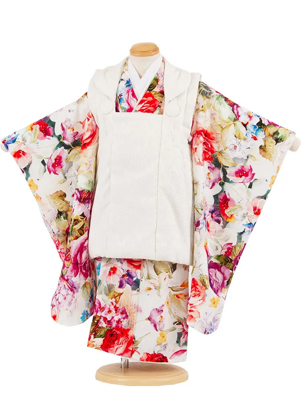 七五三レンタル （3歳女児被布）3608 白地×アイボリー 薔薇