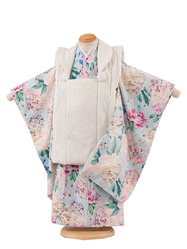 七五三レンタル （3歳女児被布）3610 アイボリー×くすみ水色 牡丹